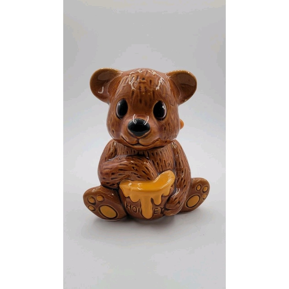 Vintage 1980's Ceramic Honey Bear Pot Jar Lidded Canister Brown